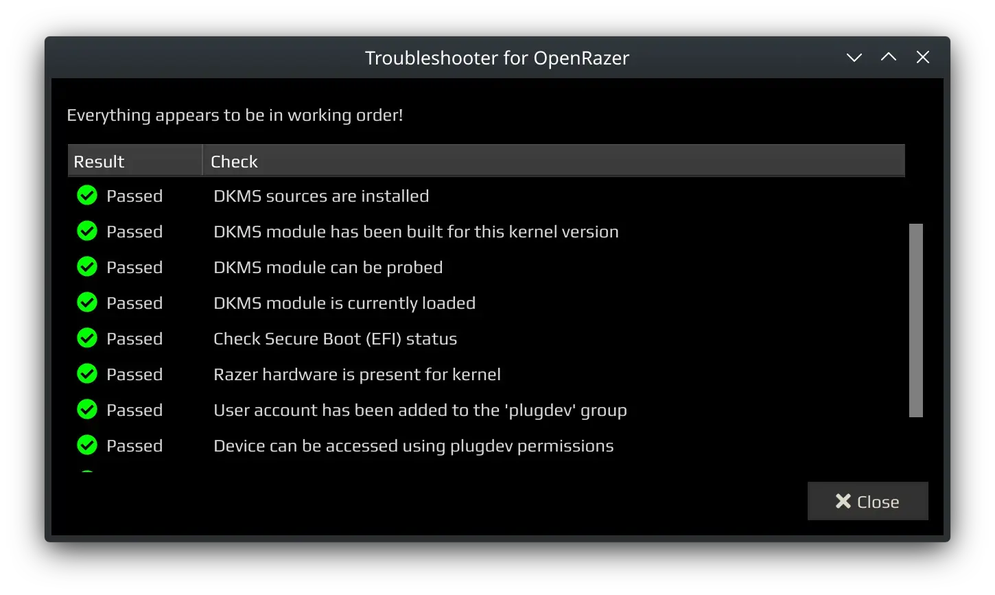 Screenshot of OpenRazer troubleshooter